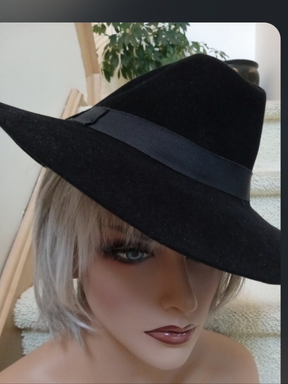 Fiorintino Furfelt Black Wide-Brim Felt Fedora Hat with Ribbon Band